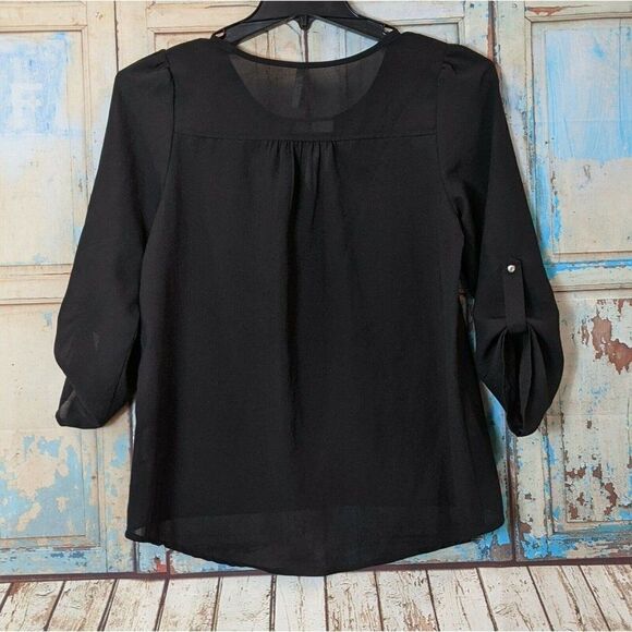 Live 4 Truth Womens Size Medium Black Gold Sheer Adjustable 3/4 Sleeves Hi Low - Picture 5 of 8